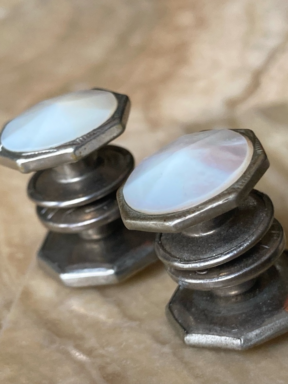 “Antique 1920s Snap Link Mother of Pearl Tuxedo Studs / Cufflink Components